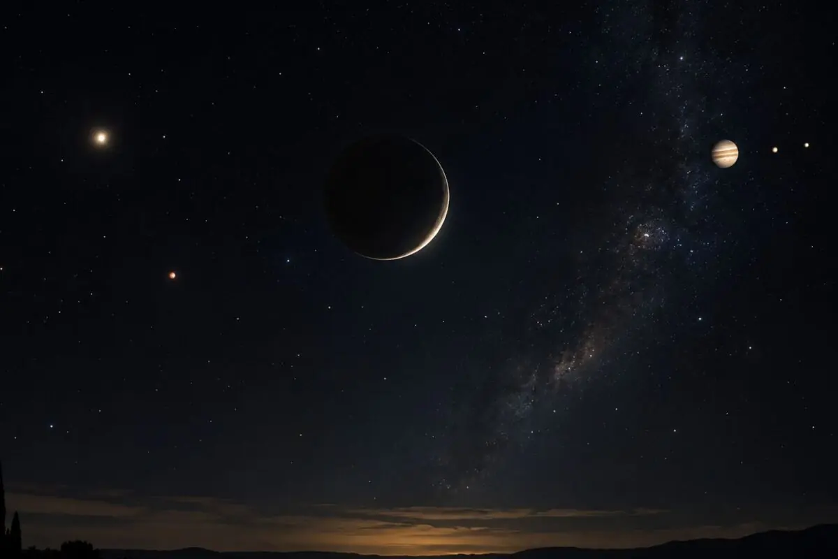 Cielo nocturno con una fina luna creciente y varios planetas brillando junto a la Vía Láctea sobre un horizonte oscuro.