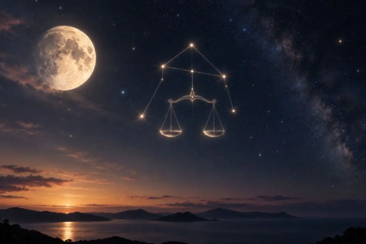 Cielo nocturno con luna llena sobre el mar al atardecer y la constelación de Libra dibujada con estrellas en forma de balanza.