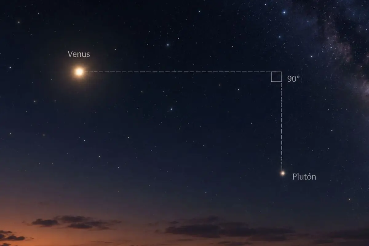Cielo nocturno con Venus y Plutón señalados por líneas punteadas formando un ángulo recto de 90 grados sobre el horizonte.