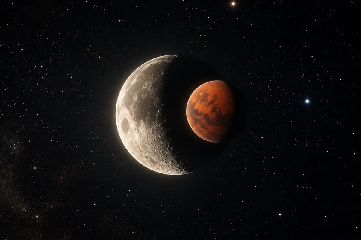 Ilustración de la Luna en fase creciente alineada con un planeta rojo sobre un cielo estrellado. Ilustración de la Luna en fase creciente alineada con un planeta rojo sobre un cielo estrellado.