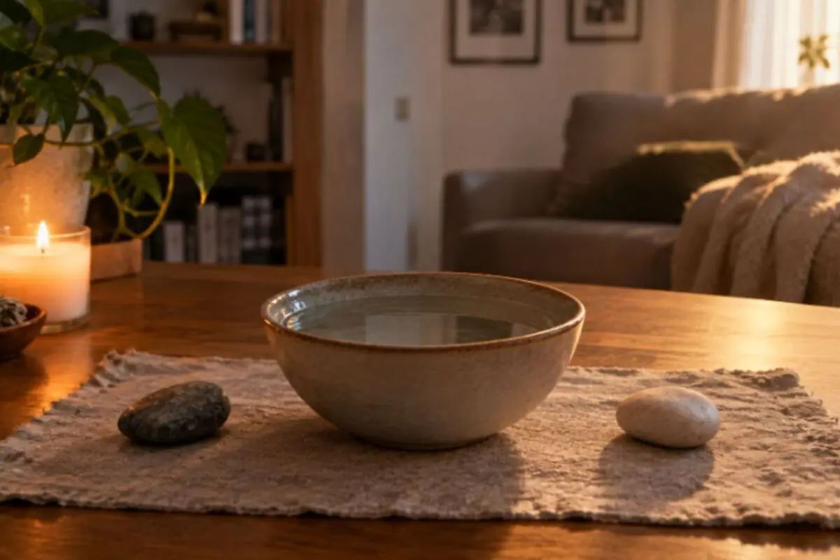 Cuenco de cerámica con agua sobre un mantel de tela junto a dos piedras y una vela encendida en una sala de estar acogedora.