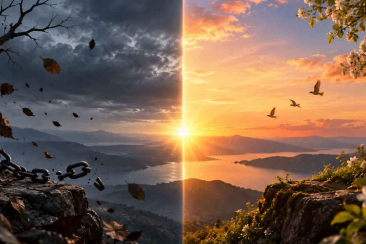 Paisaje dividido entre un lado oscuro y tormentoso con cadenas rotas y hojas volando y otro lado luminoso con un amanecer dorado sobre montañas y lago con aves en vuelo y flores blancas.