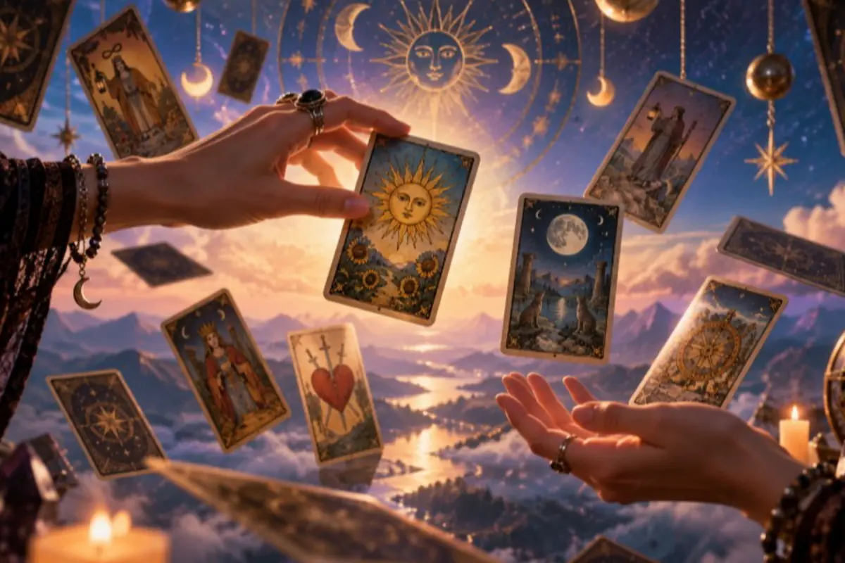 Manos sosteniendo cartas del tarot flotando en un cielo místico con sol y luna sobre un paisaje de montañas y velas encendidas