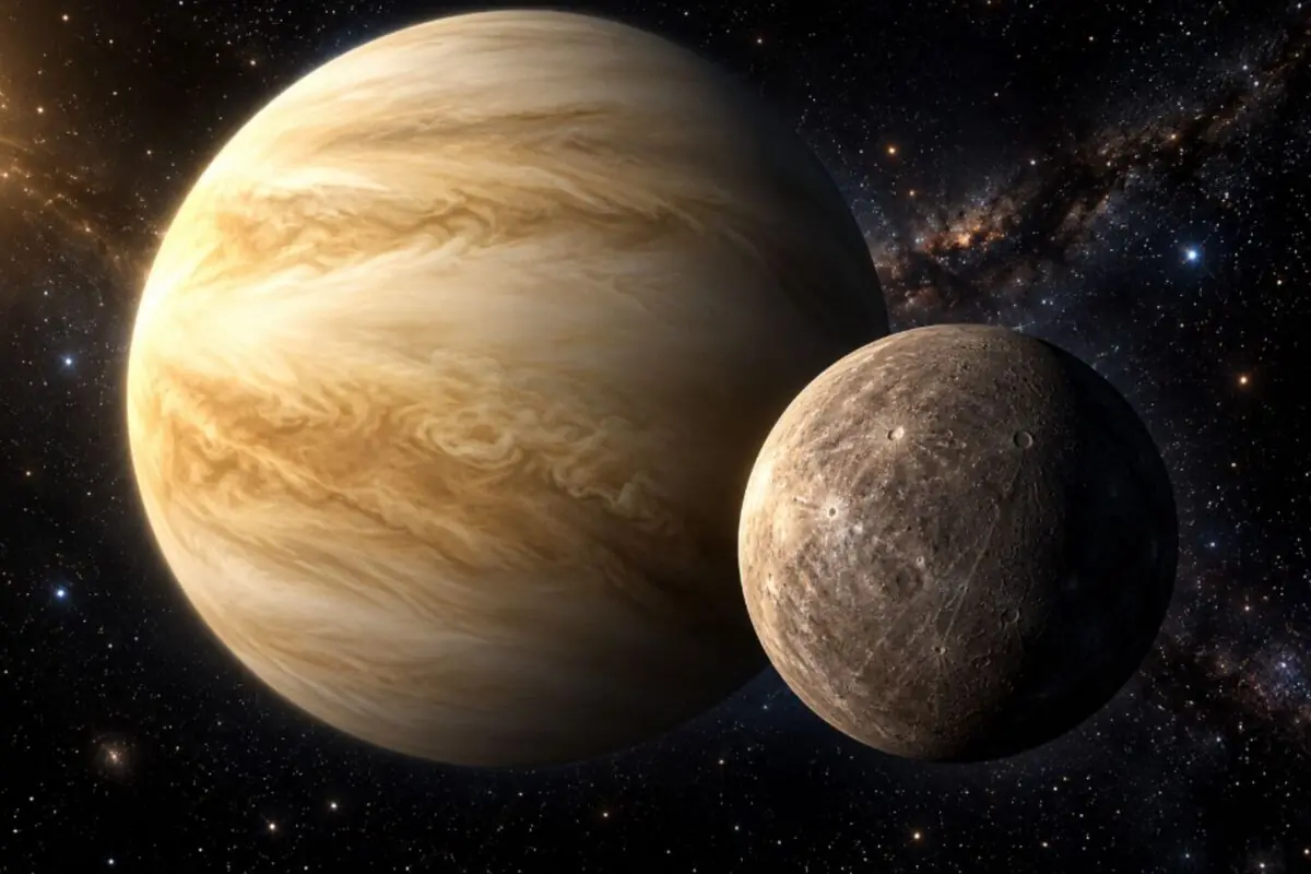 Ilustración espacial con dos planetas de diferentes tamaños en primer plano rodeados de estrellas y galaxias en el fondo oscuro del universo.