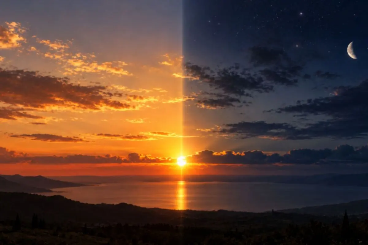 Paisaje costero con el horizonte dividido entre atardecer anaranjado y cielo nocturno estrellado con luna creciente sobre el mar.