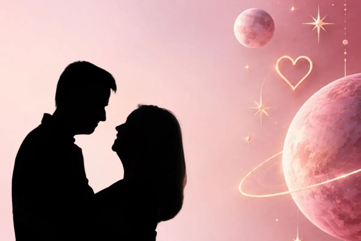 Silueta de una pareja abrazada sobre un fondo rosa con planetas anillos estrellas y un corazón brillante flotando en el cielo.