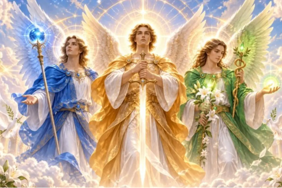 Ilustración de tres ángeles majestuosos con túnicas azul dorada y verde sosteniendo un orbe un gran espada luminosa y un cetro con serpientes entre nubes y luz celestial