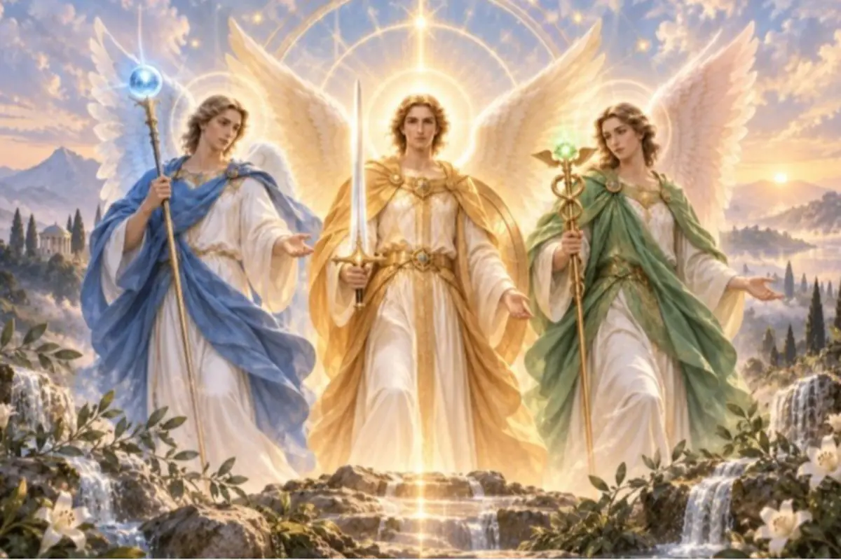 Tres ángeles resplandecientes con túnicas blancas y mantos de colores sostienen bastones y una espada sobre un paisaje celestial con cascadas y luz dorada