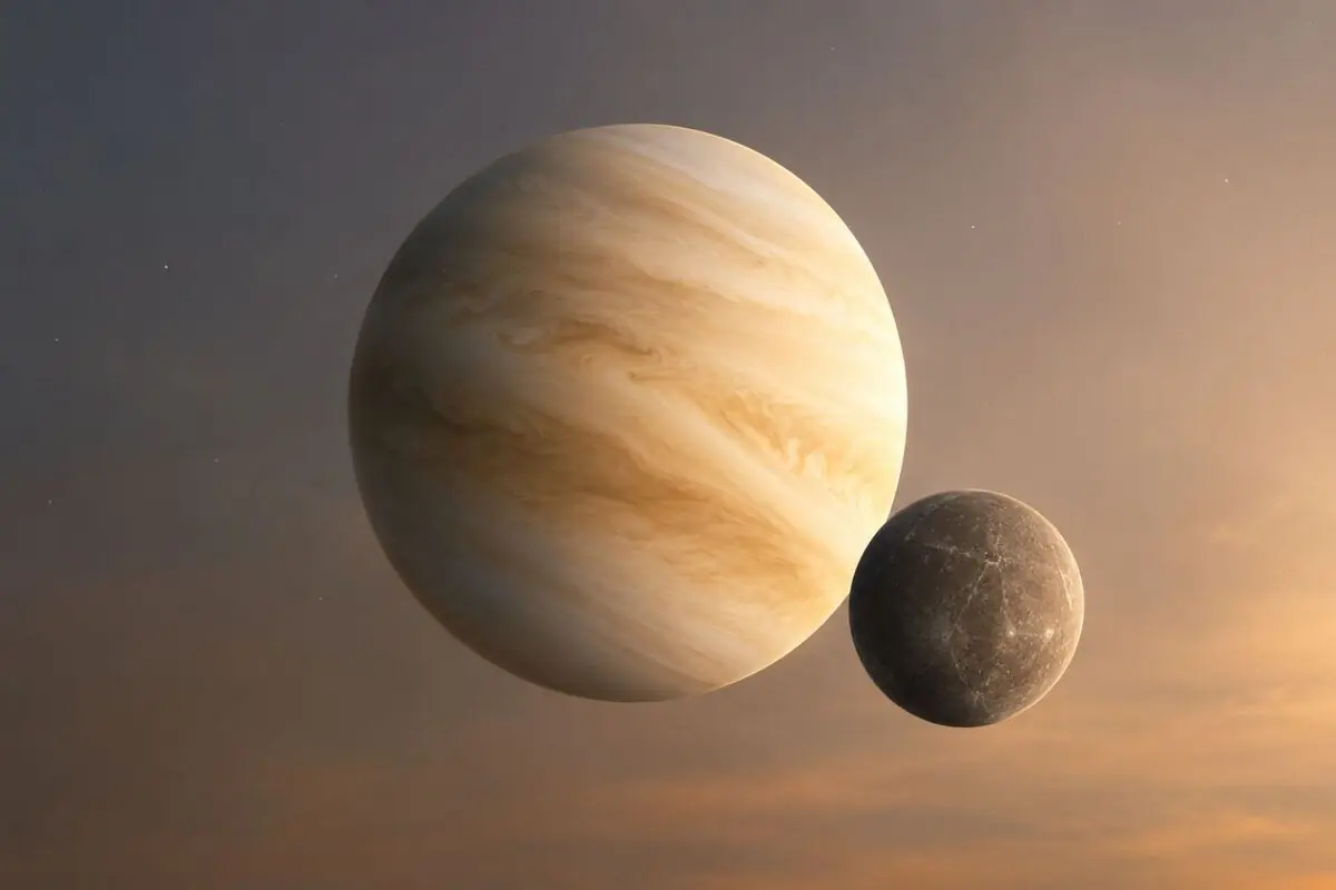 Ilustración de un gran planeta gaseoso crema con bandas nubosas junto a una luna gris rocosa sobre un cielo espacial anaranjado.