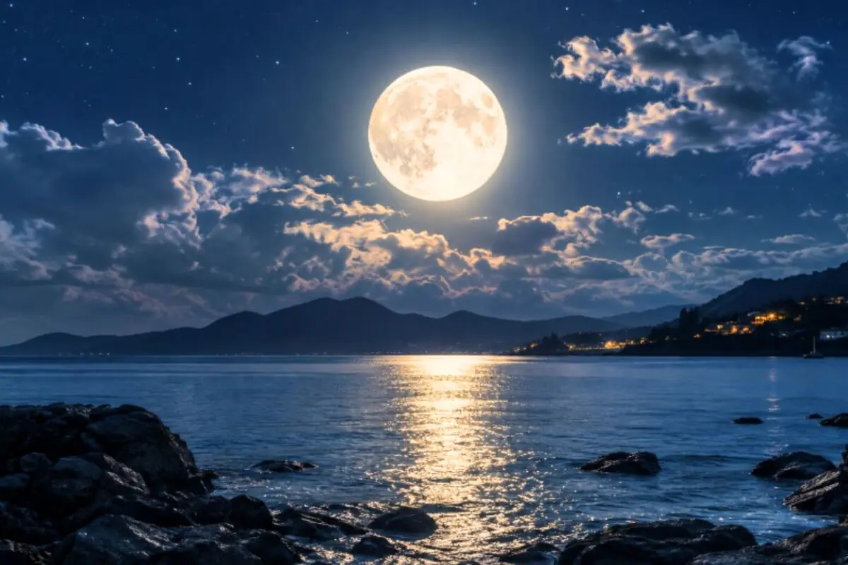 Luna llena brillante sobre un mar tranquilo con montañas oscuras al fondo y reflejos plateados en el agua