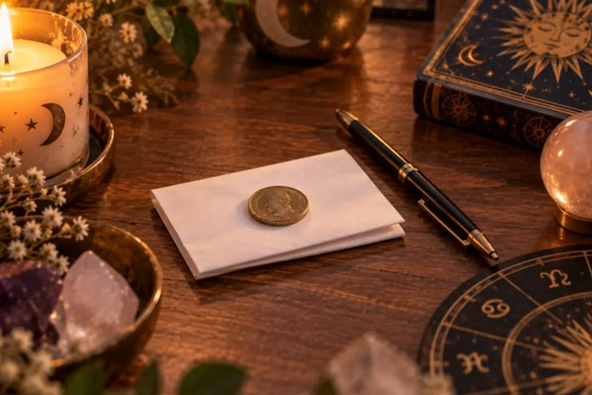 Mesa esotérica con vela encendida cristales libro astrológico pluma sobre la mesa y un sobre blanco con una moneda encima Mesa esotérica con vela encendida cristales libro astrológico pluma sobre la mesa y un sobre blanco con una moneda encima