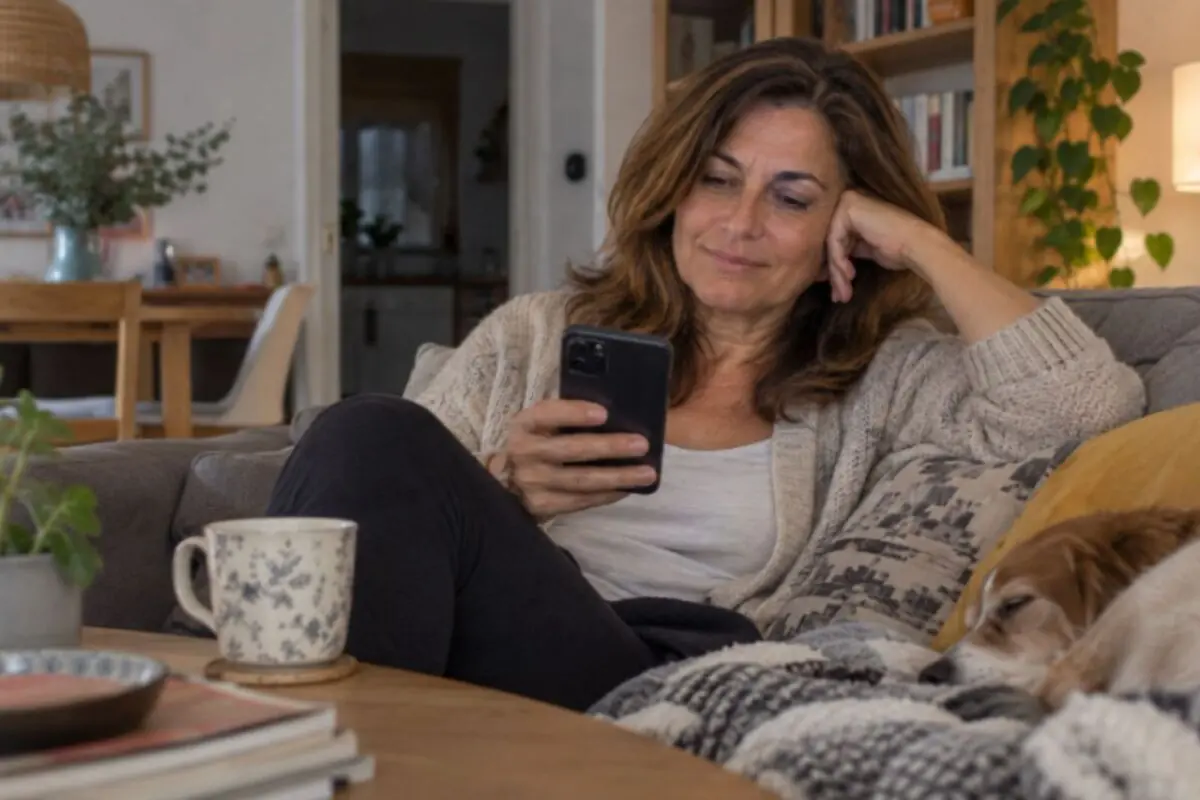 Mujer relajada en el sofá de su salón mirando el móvil con una taza de café sobre la mesa y un perro durmiendo a su lado.