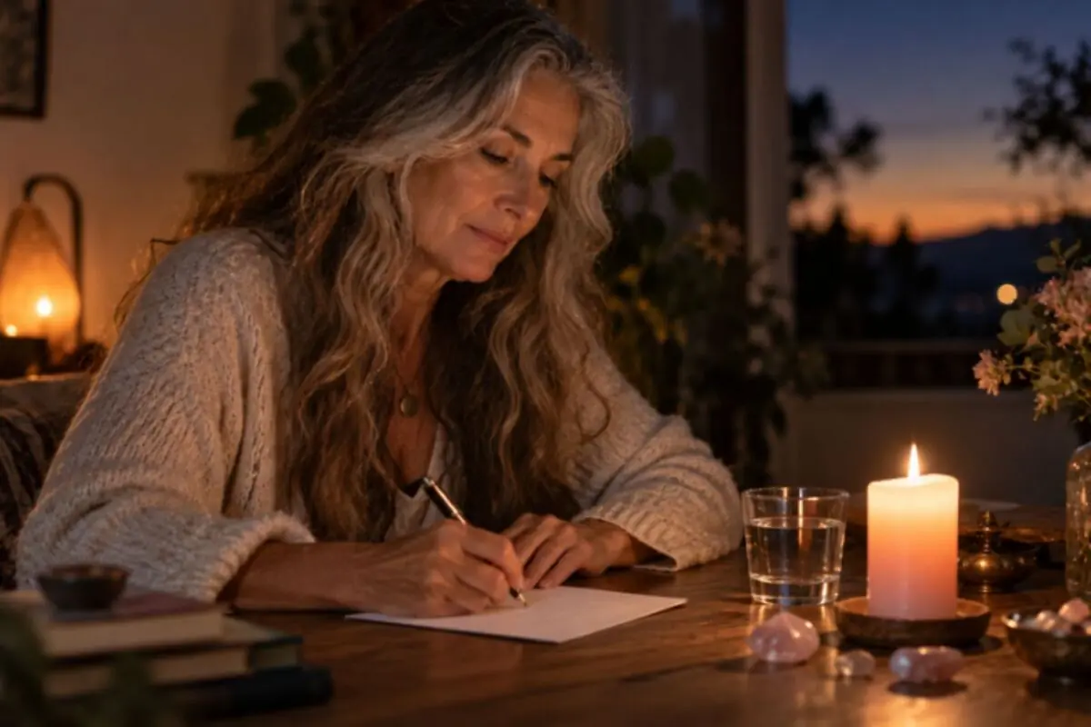 Mujer de cabello canoso escribiendo en una mesa de madera iluminada por una vela encendida al atardecer.
