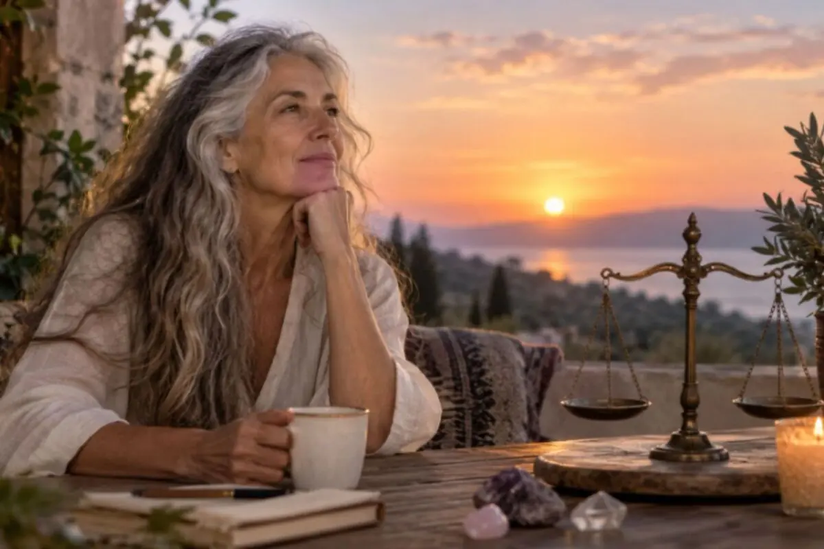 Mujer mayor de cabello canoso disfruta una taza de café al atardecer en una terraza con vista al mar junto a una balanza antigua velas y cristales sobre la mesa.
