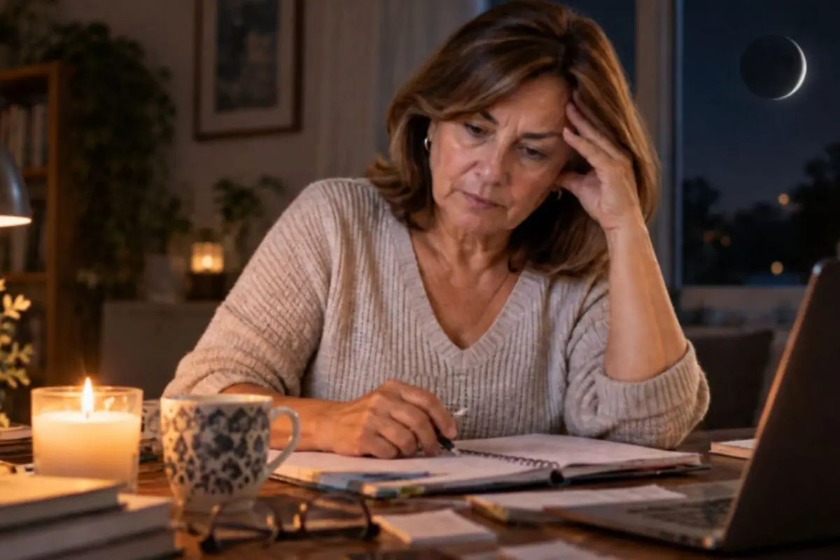 Mujer de mediana edad estudiando preocupada en una mesa con cuaderno vela taza de café y portátil durante la noche con la luna visible por la ventana.
