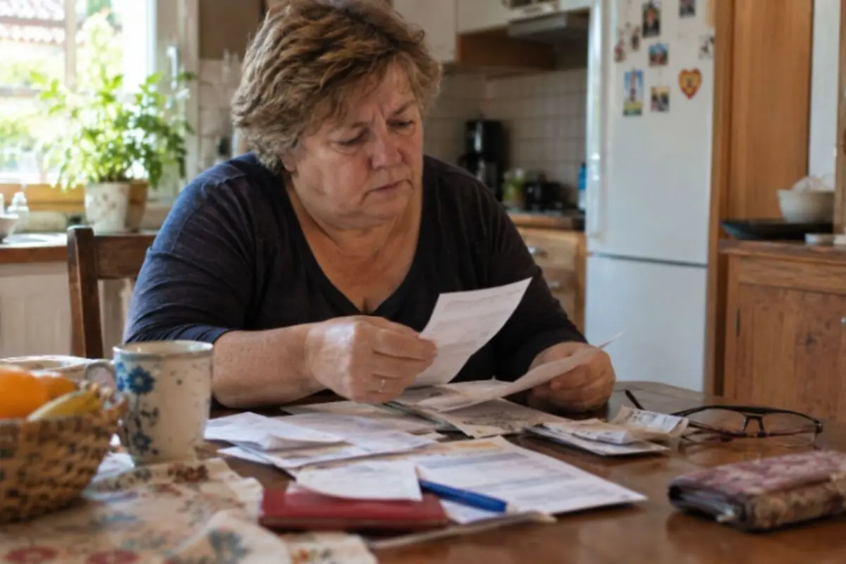 Mujer mayor sentada en la cocina revisando facturas y documentos sobre la mesa.