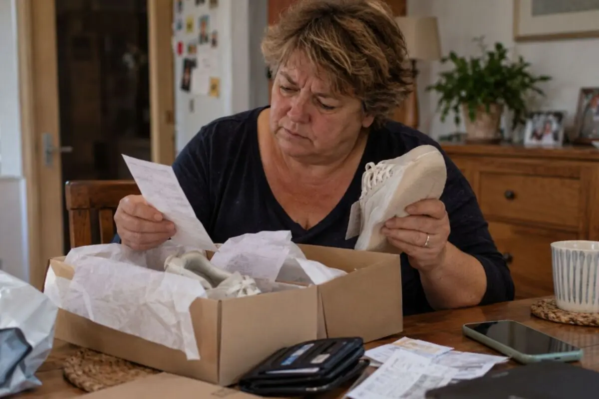 Mujer mayor sentada en una mesa revisando el recibo de una compra mientras sostiene una zapatilla nueva junto a una caja de zapatos abierta.