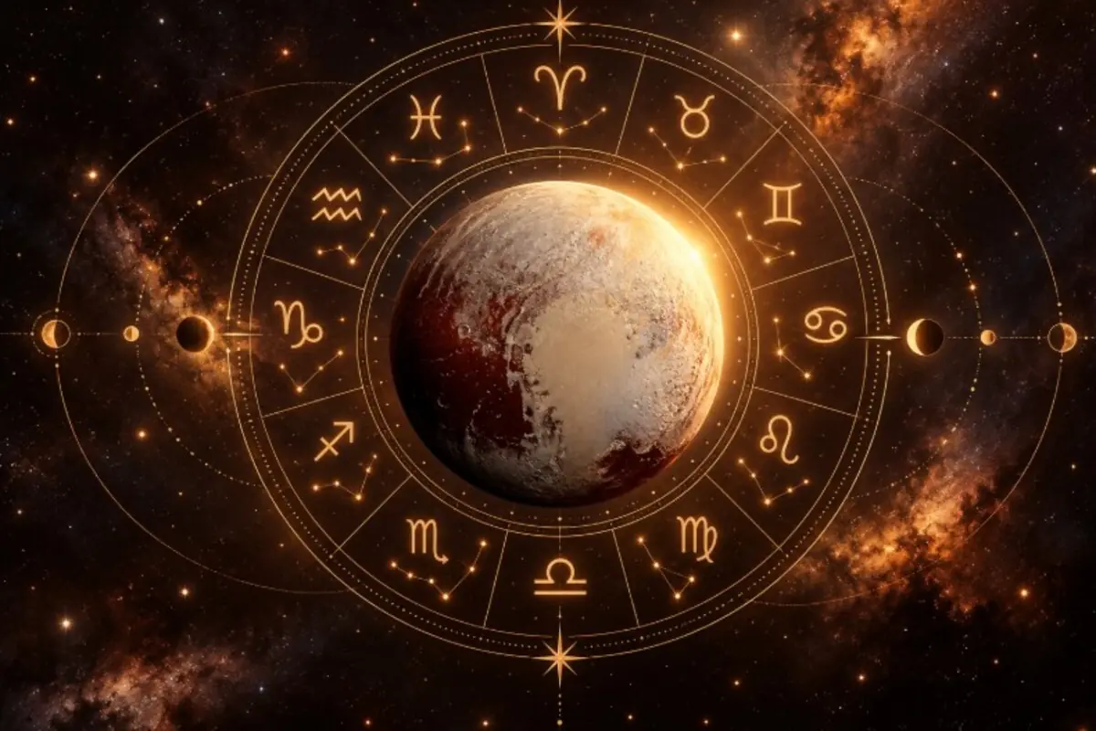 Ilustración de un planeta rodeado por un círculo dorado con símbolos del zodiaco y constelaciones sobre un fondo de galaxias y estrellas