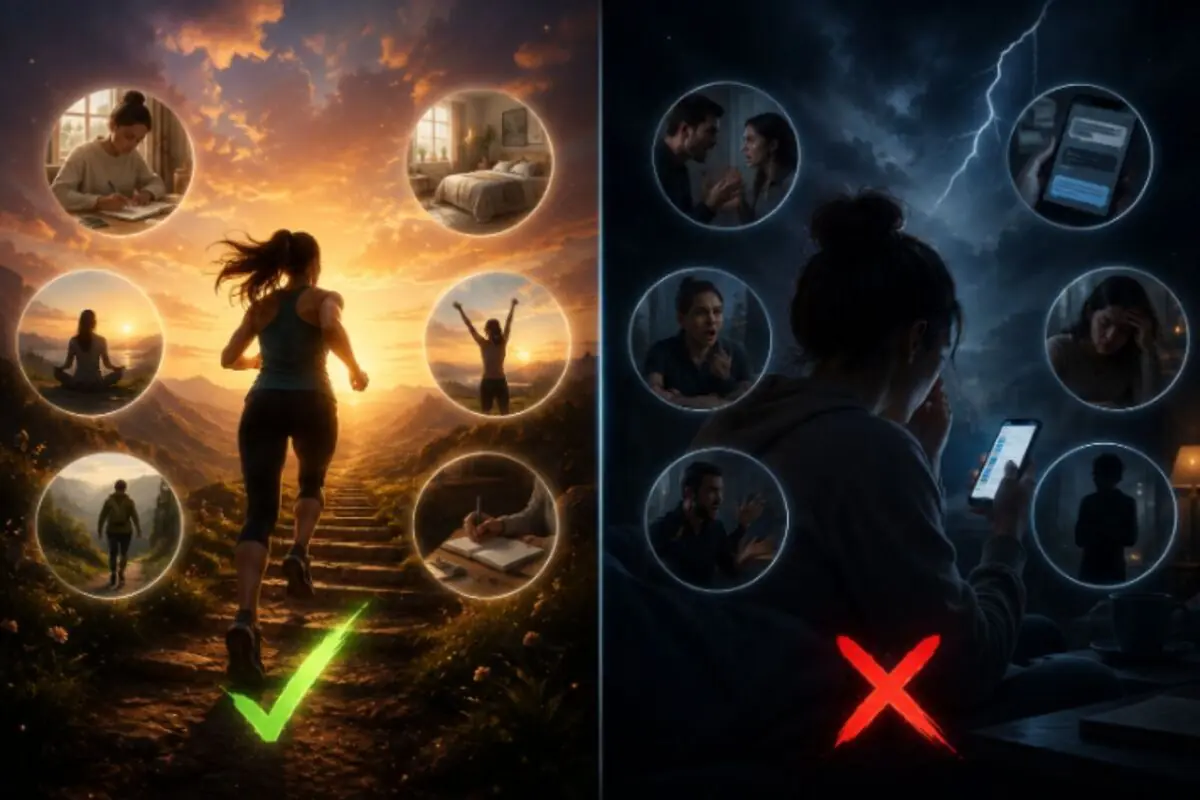 Comparación visual entre una mujer que corre hacia un amanecer rodeada de escenas de bienestar y productividad con una marca de verificación verde y otra mujer sola mirando el móvil en un entorno oscuro rodeada de discusiones y estrés con una X roja que simboliza hábitos saludables frente a hábitos dañinos Comparación visual entre una mujer que corre hacia un amanecer rodeada de escenas de bienestar y productividad con una marca de verificación verde y otra mujer sola mirando el móvil en un entorno oscuro rodeada de discusiones y estrés con una X roja que simboliza hábitos saludables frente a hábitos dañinos