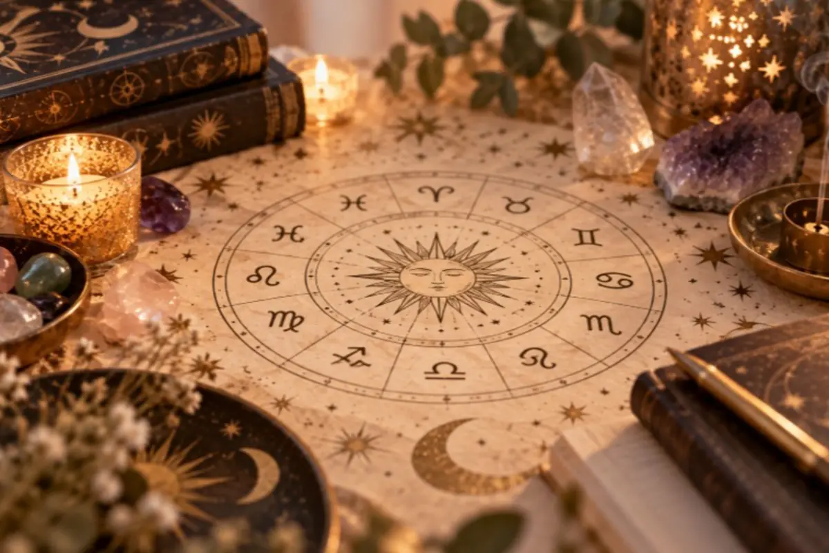 Mesa esotérica con carta astral circular de los signos del zodiaco rodeada de velas encendidas cristales libros antiguos y objetos dorados de astrología Mesa esotérica con carta astral circular de los signos del zodiaco rodeada de velas encendidas cristales libros antiguos y objetos dorados de astrología