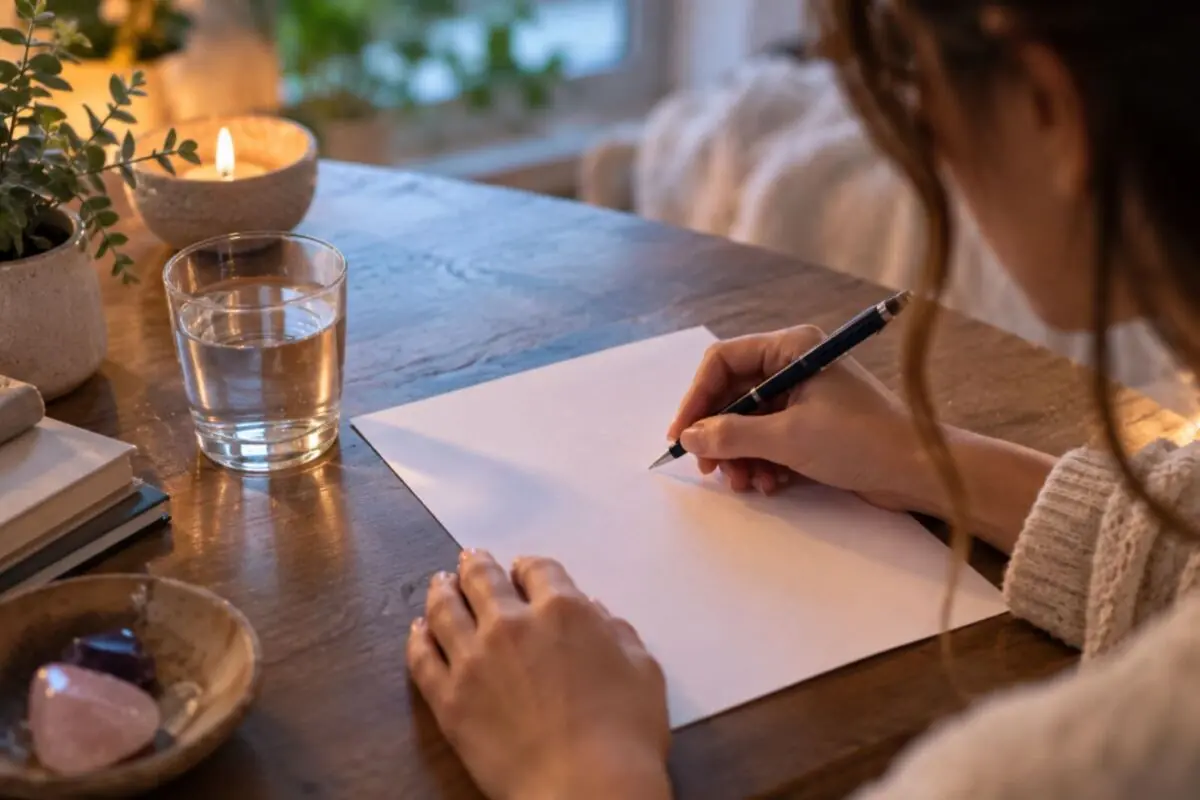 Persona escribiendo en una hoja en blanco sobre una mesa de madera junto a una vela encendida un vaso de agua plantas y cristales decorativos.