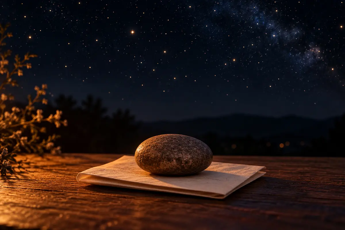 Piedra lisa sobre hojas de papel en una mesa de madera al aire libre bajo un cielo estrellado nocturno