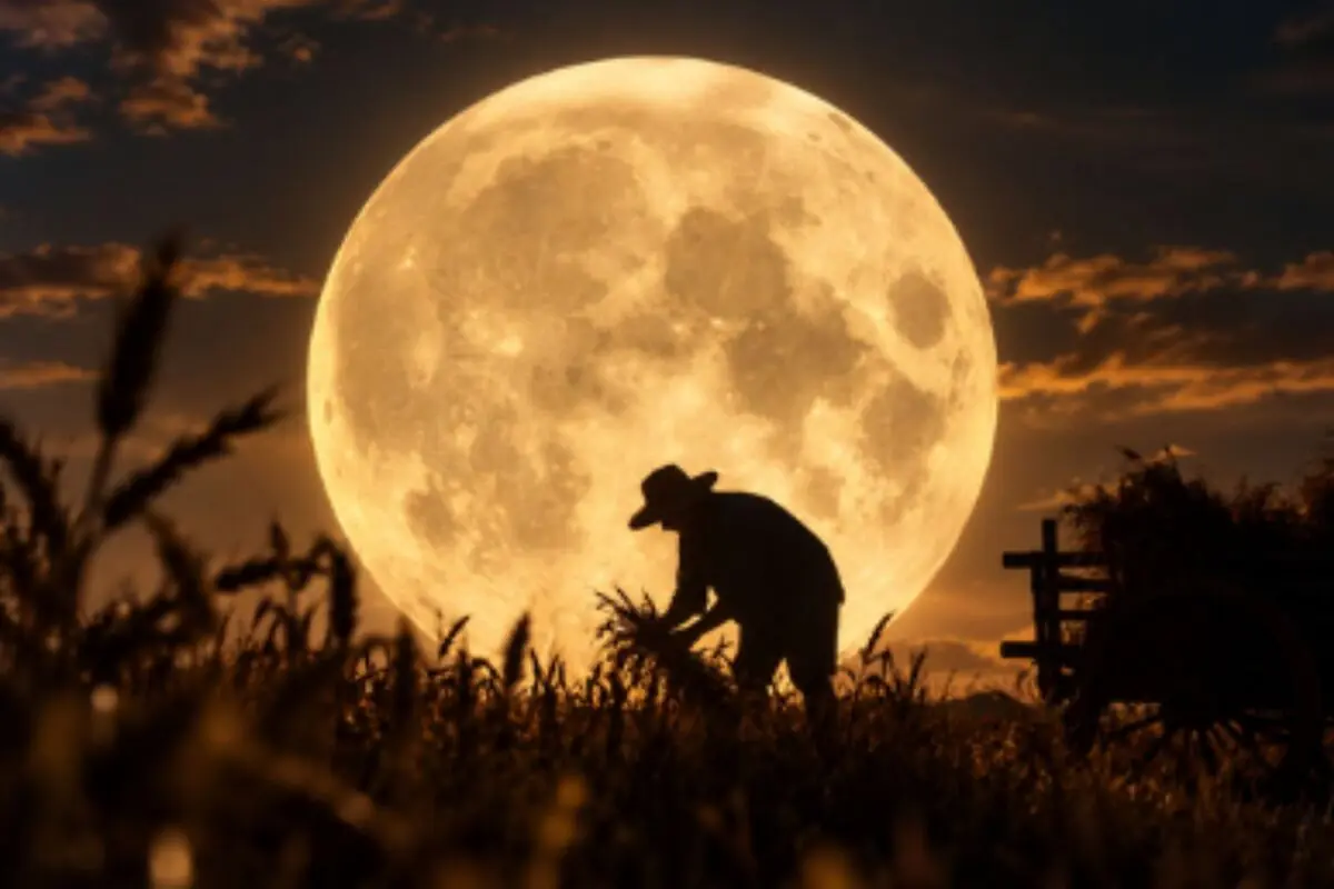 Campesino cosechando en un campo de trigo al atardecer con una luna llena gigante iluminando el cielo.