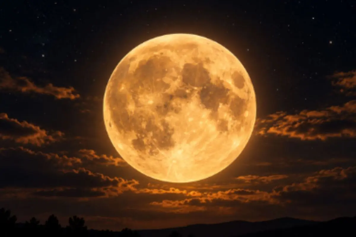 Luna llena anaranjada iluminando el cielo nocturno con nubes oscuras y siluetas de montañas en el horizonte.