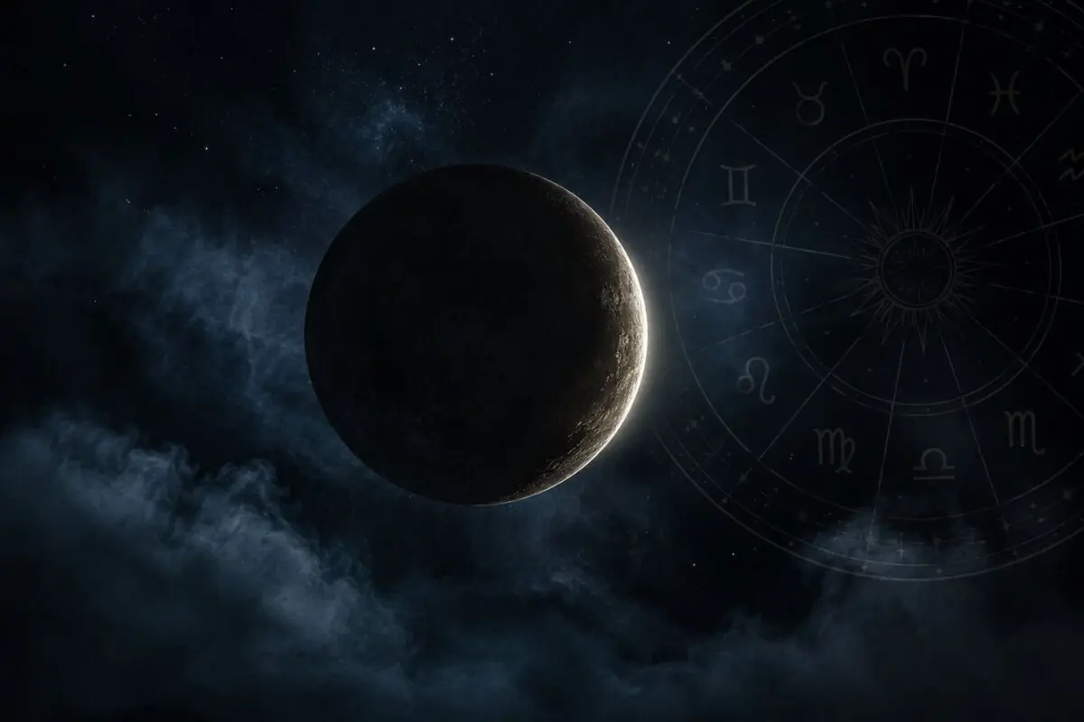 Planeta oscuro en el espacio con un fino halo de luz y un círculo de símbolos del zodiaco al fondo entre nubes y estrellas.