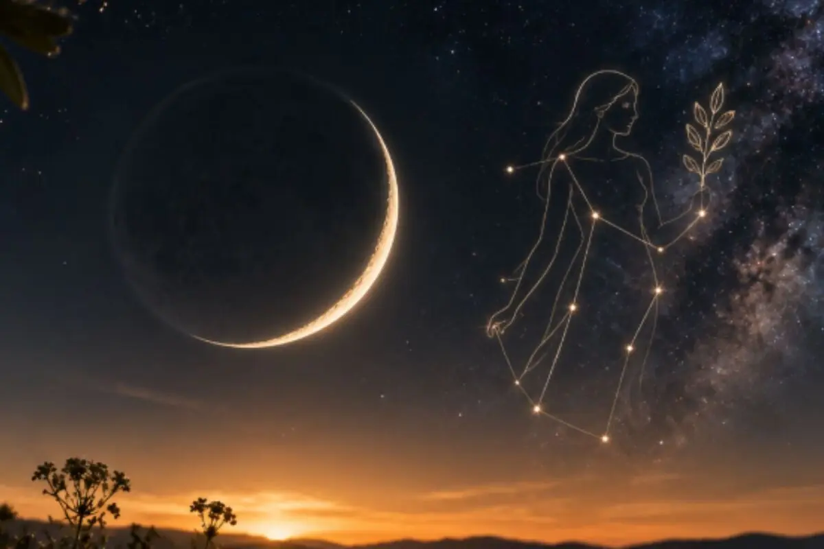 Ilustración de un cielo nocturno con luna creciente sobre el horizonte y una figura femenina formada por estrellas sosteniendo una rama frente a la Vía Láctea. Ilustración de un cielo nocturno con luna creciente sobre el horizonte y una figura femenina formada por estrellas sosteniendo una rama frente a la Vía Láctea.