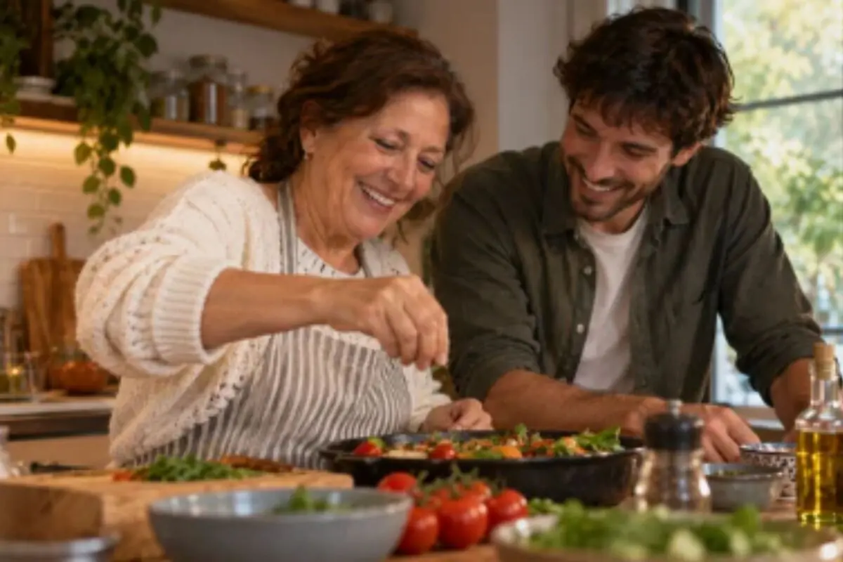 Mujer mayor y hombre joven sonriendo mientras cocinan juntos una ensalada en una cocina hogareña con vegetales frescos sobre la mesa. Mujer mayor y hombre joven sonriendo mientras cocinan juntos una ensalada en una cocina hogareña con vegetales frescos sobre la mesa.