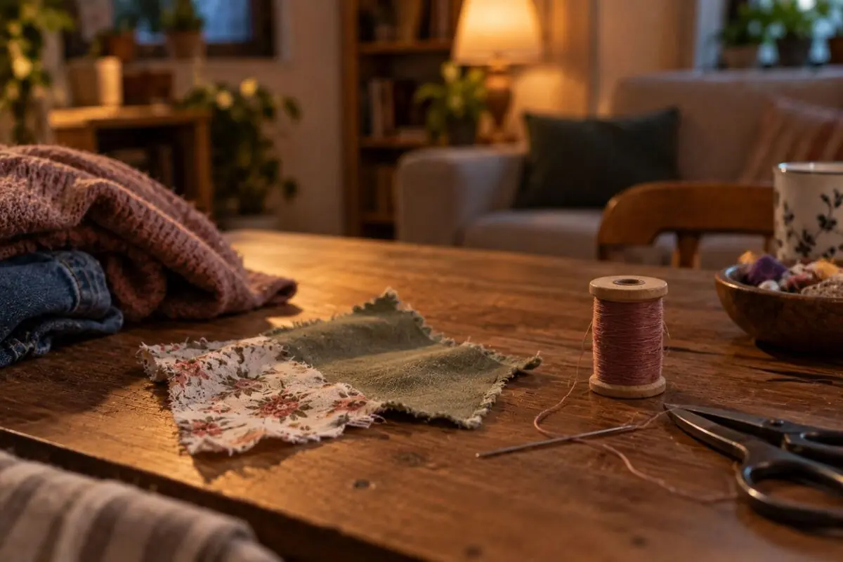 Mesa de madera con retazos de tela, carrete de hilo, aguja y tijeras en una sala de estar acogedora iluminada por una lámpara.