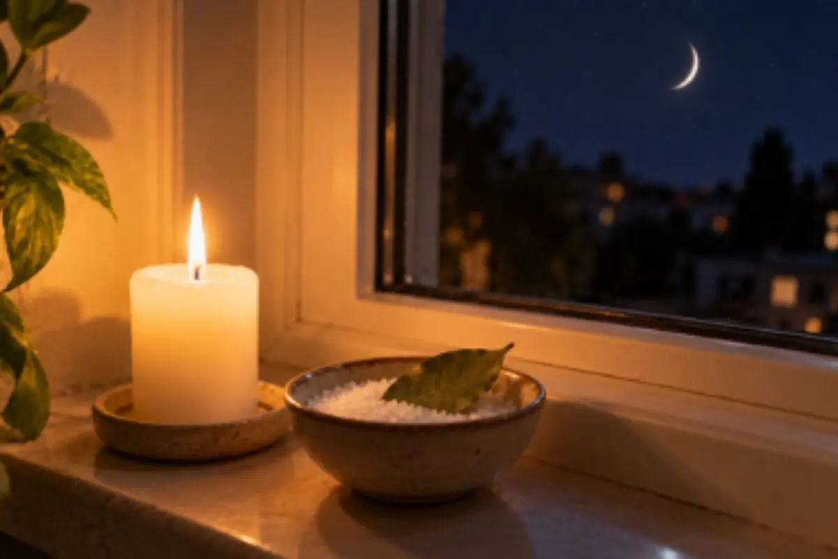 Vela encendida junto a un cuenco con sal y una hoja en el alféizar de una ventana abierta durante la noche con luna creciente al fondo. Vela encendida junto a un cuenco con sal y una hoja en el alféizar de una ventana abierta durante la noche con luna creciente al fondo.