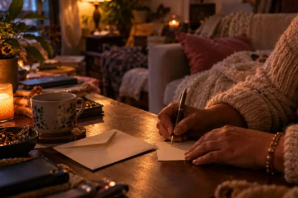 Persona escribiendo una carta a mano en una mesa de madera con taza de té y velas encendidas en una sala acogedora iluminada por luz cálida.
