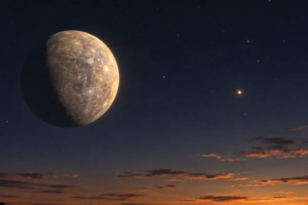 Planeta rocoso iluminado parcialmente sobre un cielo nocturno estrellado con nubes anaranjadas en el horizonte.