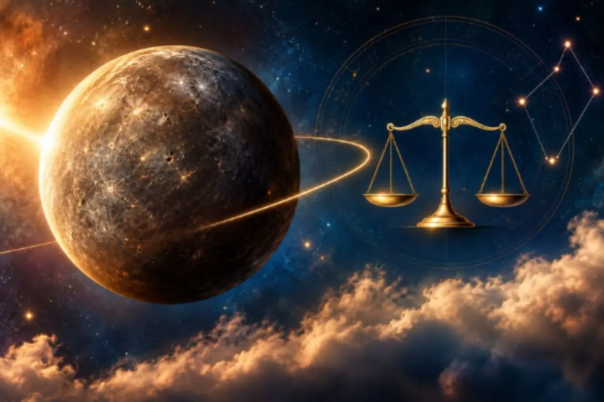 Planeta en el espacio junto a una balanza dorada que simboliza el equilibrio cósmico sobre nubes iluminadas. Planeta en el espacio junto a una balanza dorada que simboliza el equilibrio cósmico sobre nubes iluminadas.