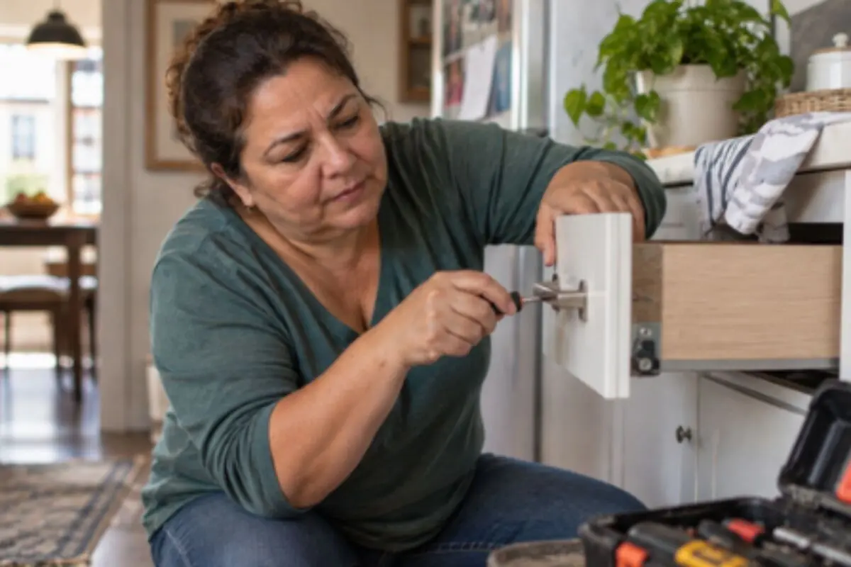 Mujer ajustando con un destornillador el tirador de un cajón en la cocina.