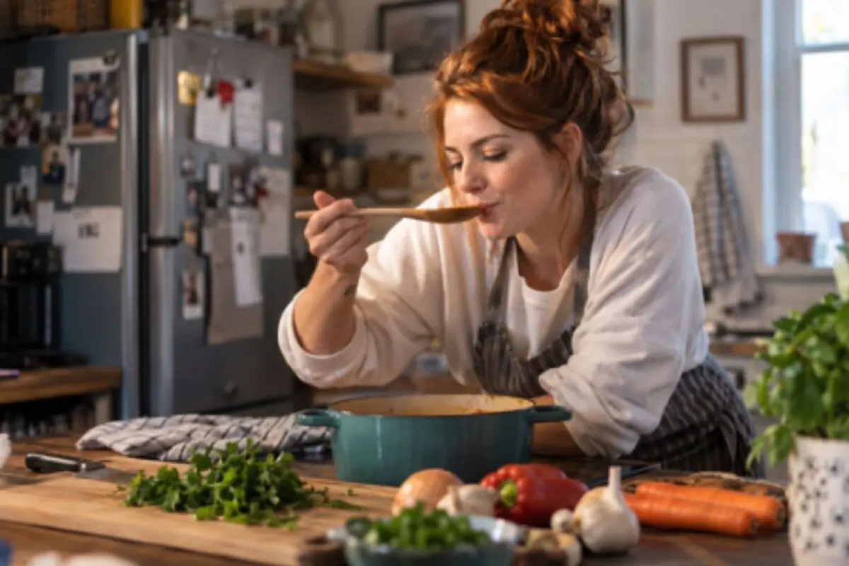 Mujer probando con una cuchara de madera un guiso en una olla verde en una cocina hogareña rodeada de verduras frescas sobre la mesa.
