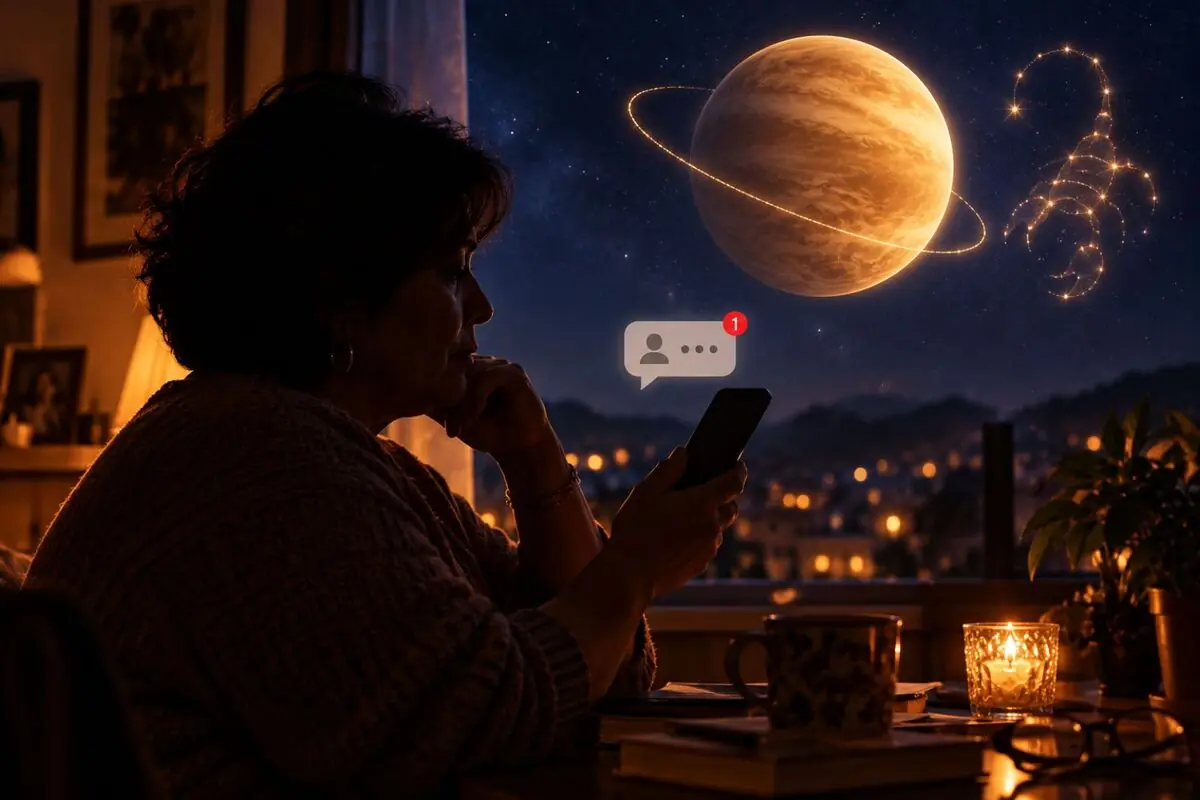 Mujer pensativa usando el móvil de noche junto a una ventana mientras observa un cielo estrellado con un planeta gigante con anillos y la constelación de un escorpión y recibe una nueva notificación de mensaje.