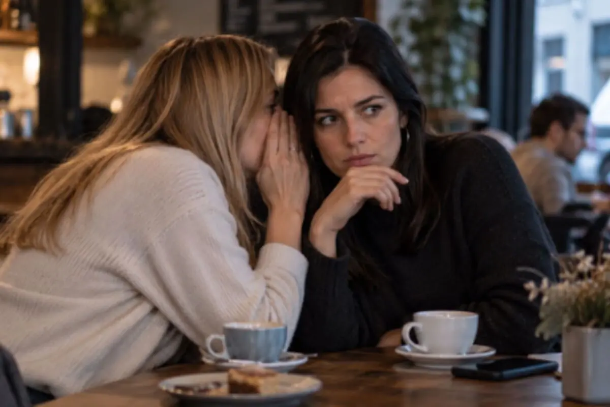 Dos mujeres conversan en una cafetería mientras una le susurra algo al oído a la otra que parece preocupada.