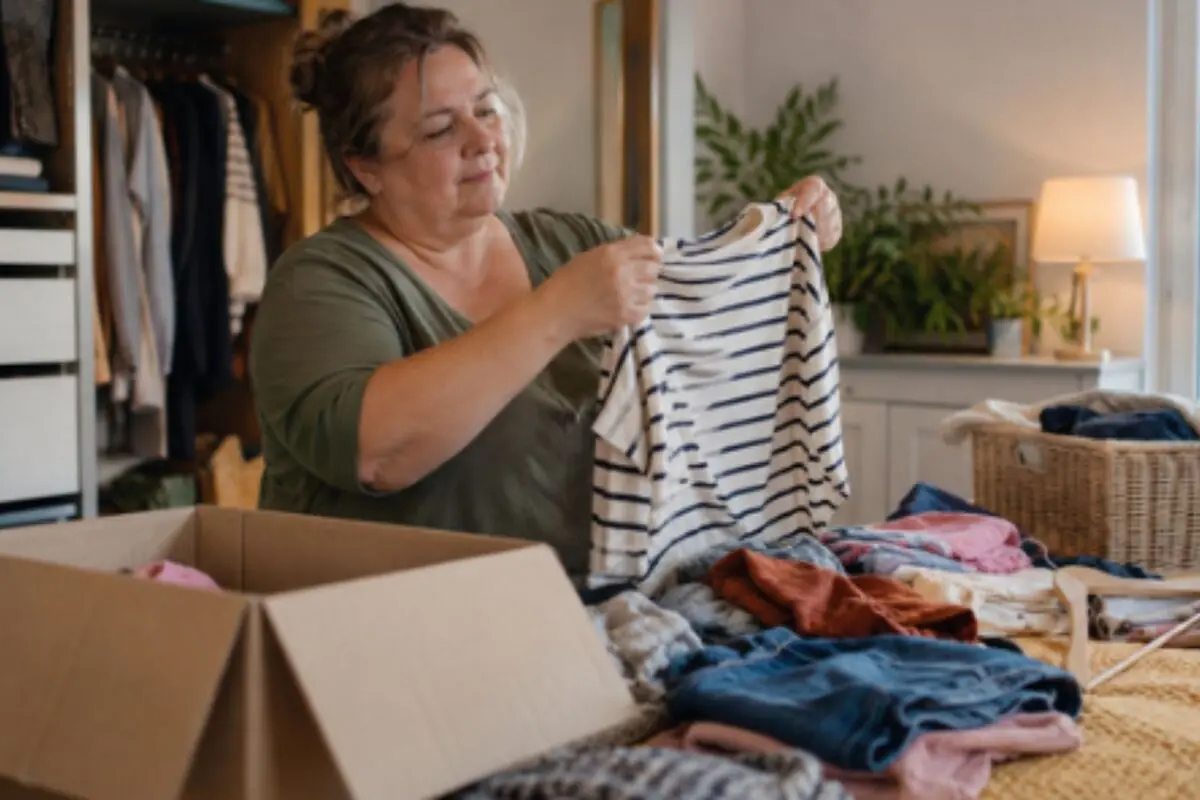 Mujer ordenando ropa y doblando una camiseta de rayas frente a una caja de cartón en un dormitorio.