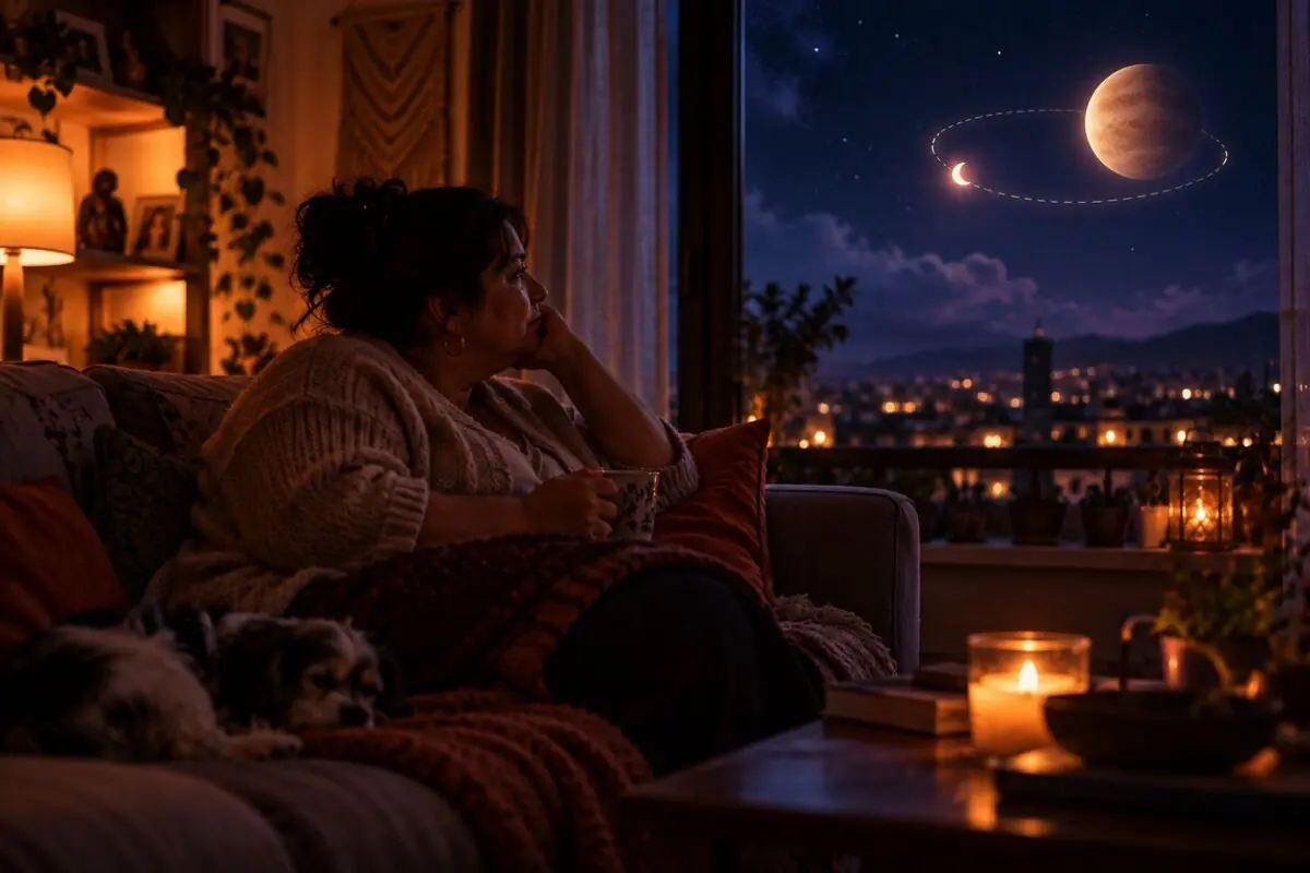 Mujer sentada en un sofá con una taza en la mano mirando pensativa por la ventana un cielo nocturno con un planeta gigante y una luna iluminados mientras un perro duerme a su lado en una sala acogedora con velas encendidas.