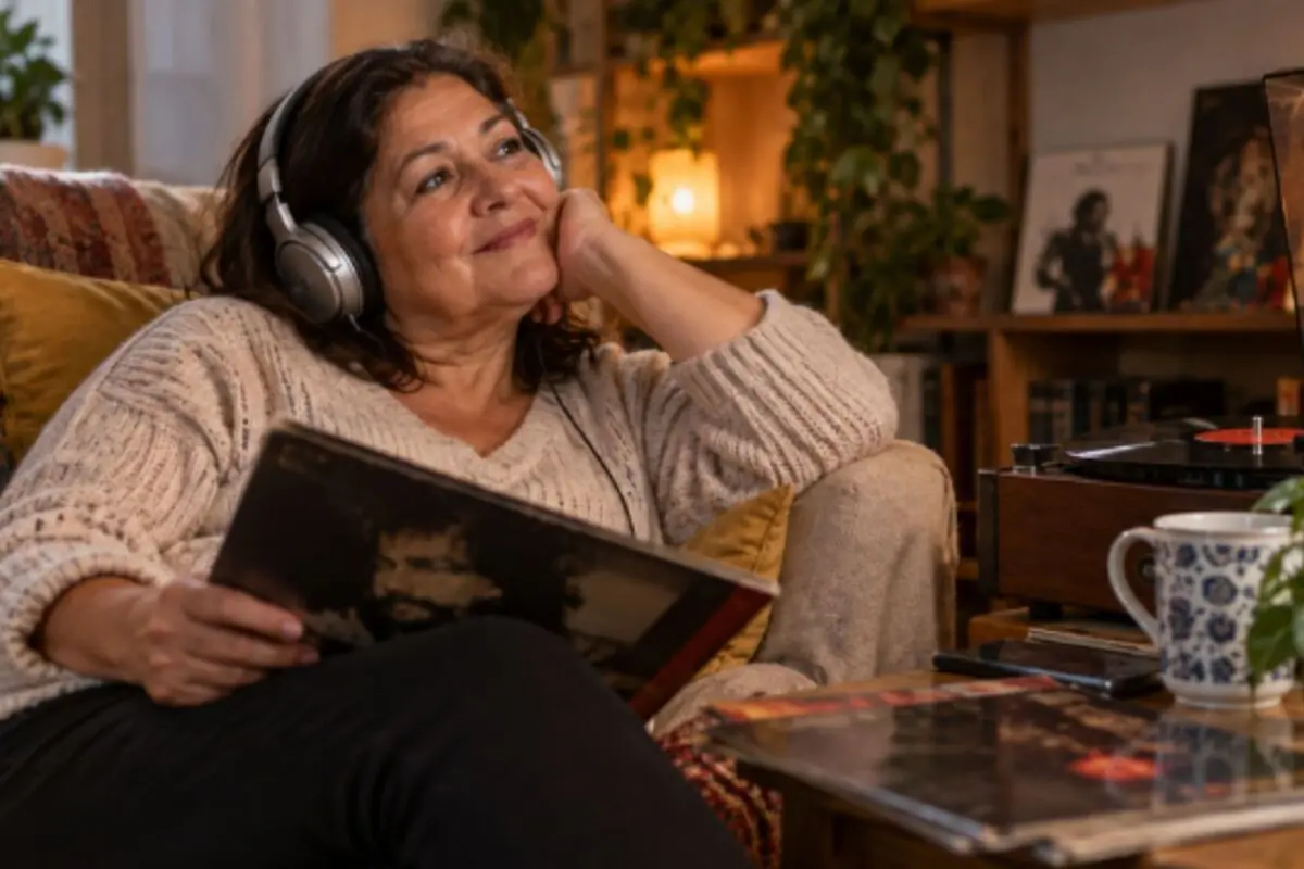 Mujer de mediana edad relajada en un sillón escuchando música con auriculares mientras mira un disco de vinilo en una sala acogedora con tocadiscos y plantas de fondo. Mujer de mediana edad relajada en un sillón escuchando música con auriculares mientras mira un disco de vinilo en una sala acogedora con tocadiscos y plantas de fondo.