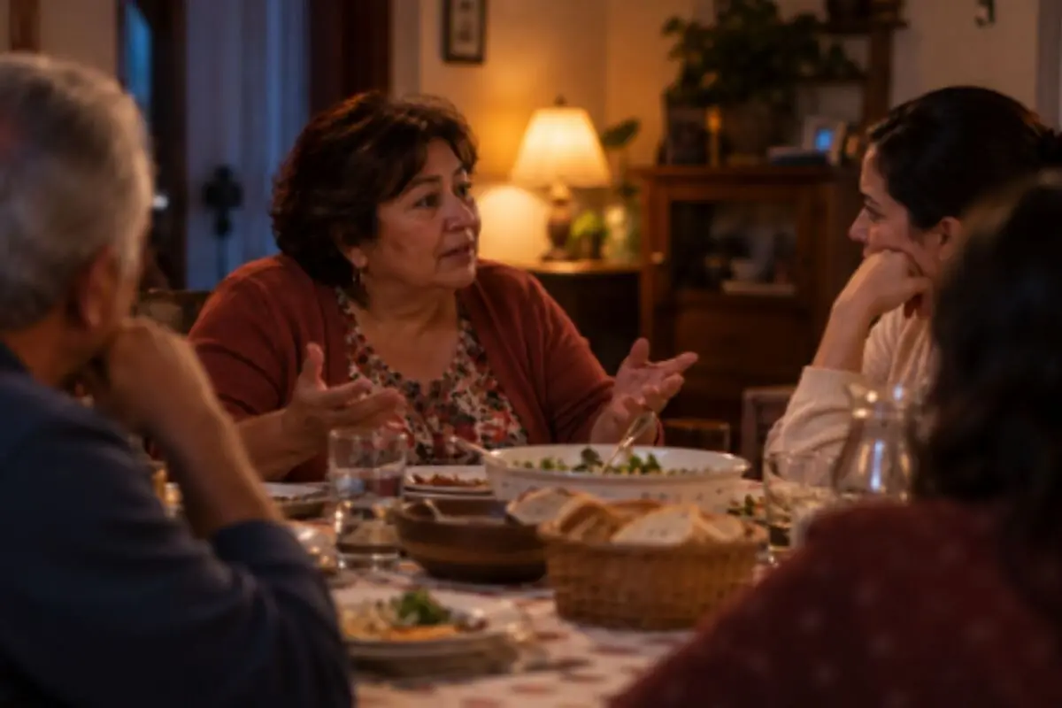Mujer mayor conversando con familiares alrededor de una mesa servida en un comedor cálido y hogareño.