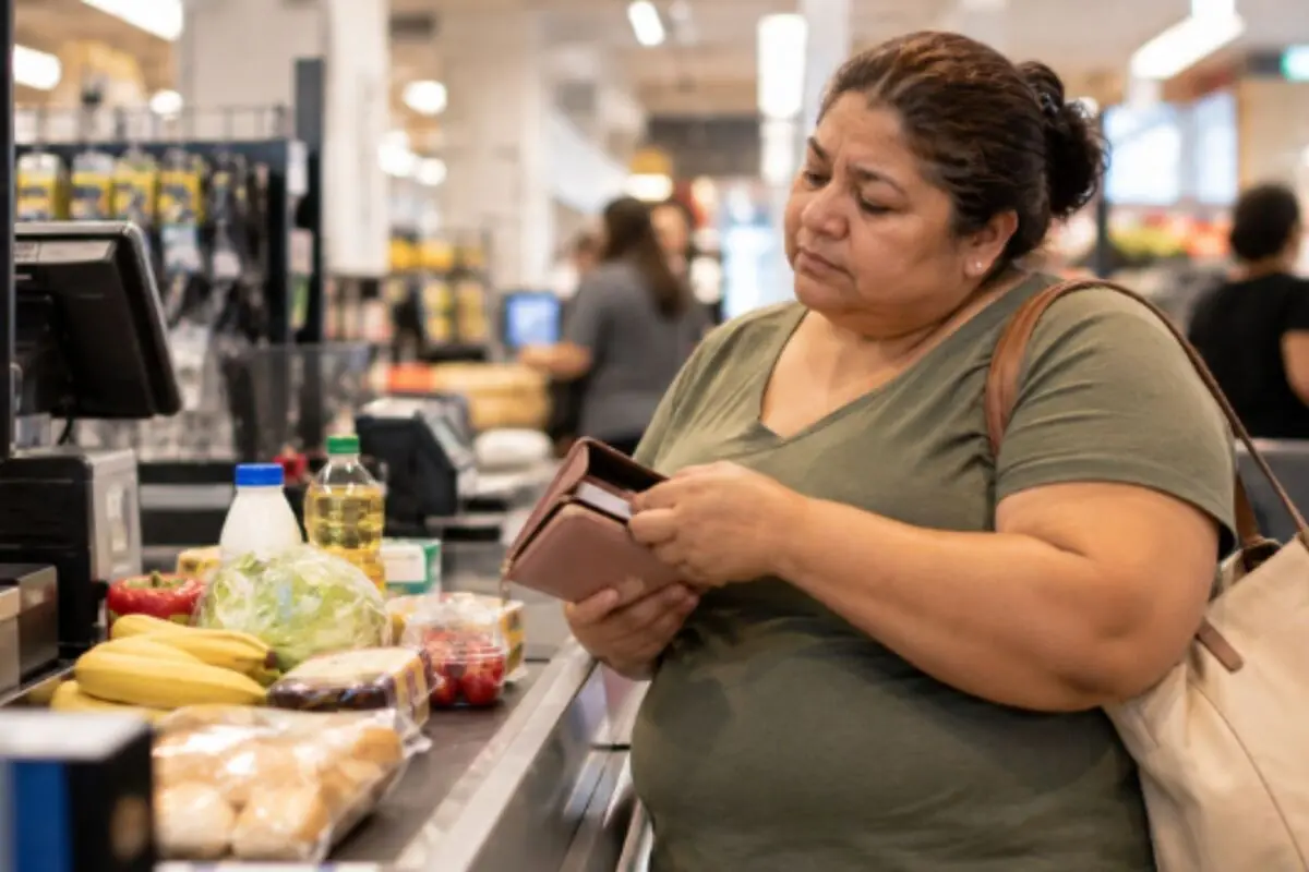 Mujer en la caja de un supermercado revisando su cartera mientras sus compras de alimentos están en la cinta transportadora. Mujer en la caja de un supermercado revisando su cartera mientras sus compras de alimentos están en la cinta transportadora.
