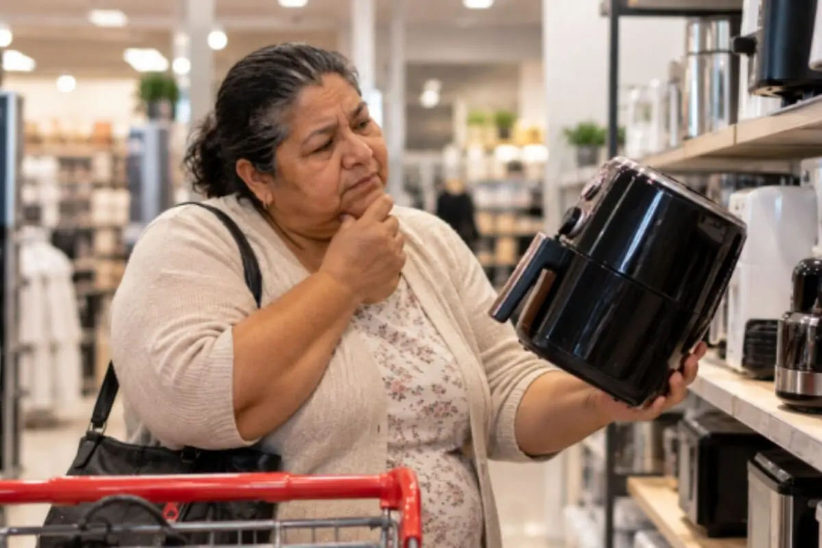 Mujer en una tienda de electrodomésticos observando pensativa una freidora de aire negra mientras sostiene un carrito de compras. Mujer en una tienda de electrodomésticos observando pensativa una freidora de aire negra mientras sostiene un carrito de compras.