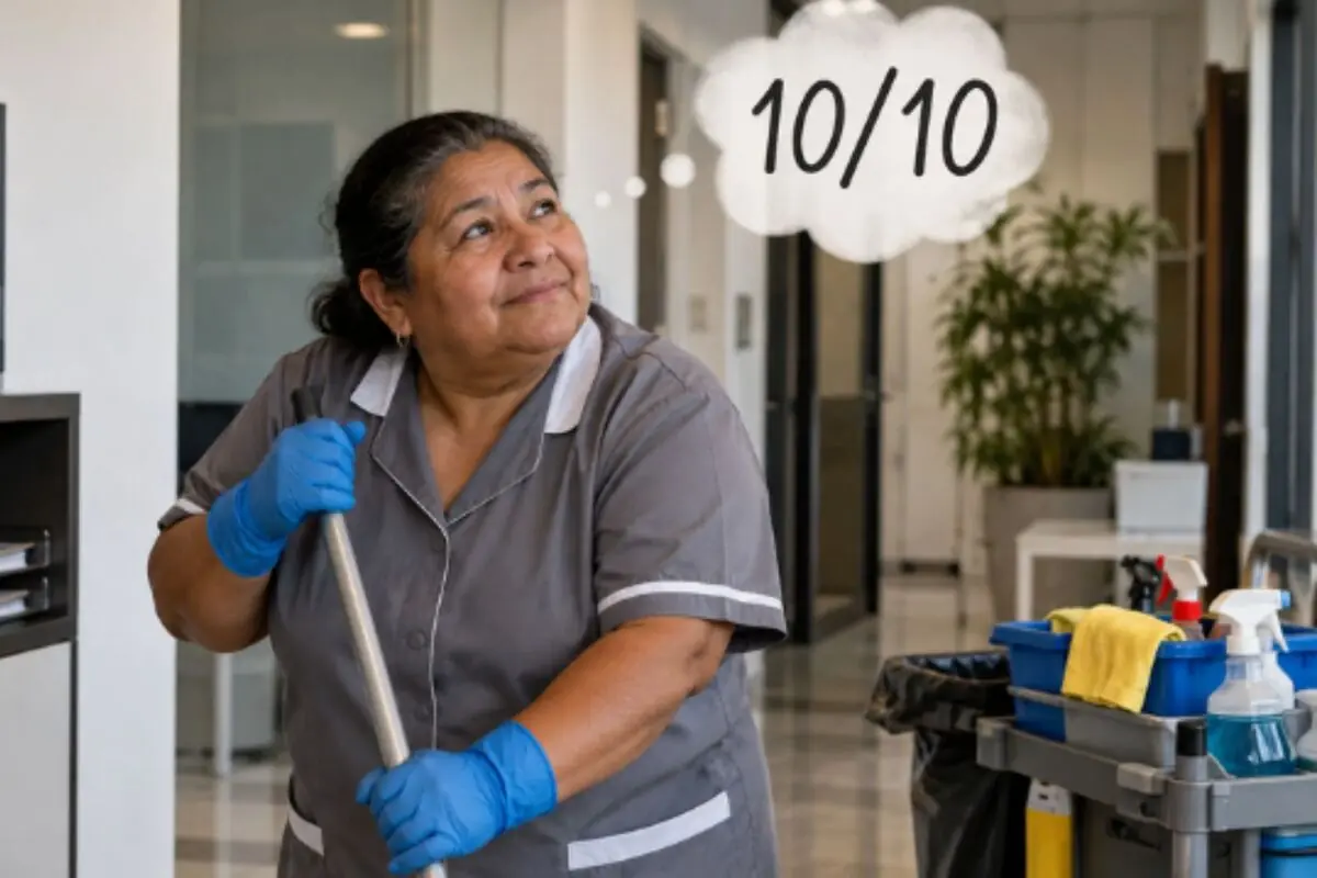 Trabajadora de limpieza con guantes azules sonríe mientras sostiene un trapeador en un pasillo de oficina junto a su carrito de limpieza con un globo de pensamiento que muestra la calificación 10/10. Trabajadora de limpieza con guantes azules sonríe mientras sostiene un trapeador en un pasillo de oficina junto a su carrito de limpieza con un globo de pensamiento que muestra la calificación 10/10.