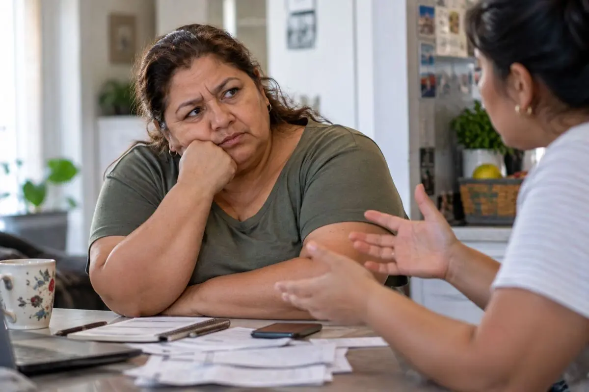 Mujer de mediana edad con expresión preocupada escucha a otra persona mientras revisan documentos y facturas sobre la mesa en la cocina. Mujer de mediana edad con expresión preocupada escucha a otra persona mientras revisan documentos y facturas sobre la mesa en la cocina.