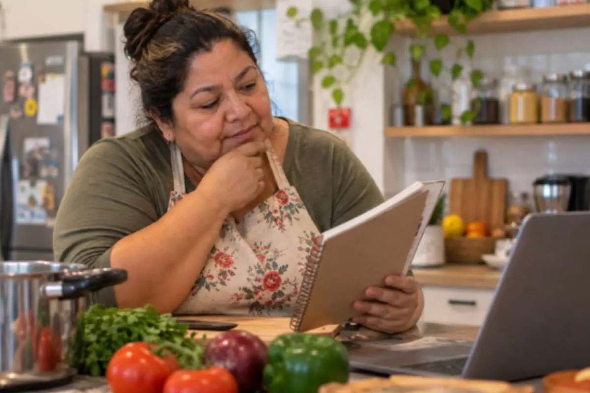 Mujer con delantal en una cocina revisando un cuaderno de recetas frente a una computadora portátil y alimentos frescos sobre la mesa. Mujer con delantal en una cocina revisando un cuaderno de recetas frente a una computadora portátil y alimentos frescos sobre la mesa.