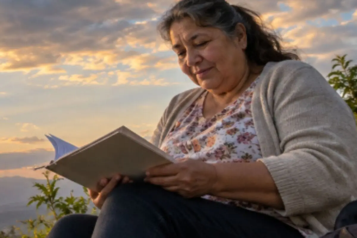 Mujer mayor sentada al aire libre leyendo un libro al atardecer. Mujer mayor sentada al aire libre leyendo un libro al atardecer.